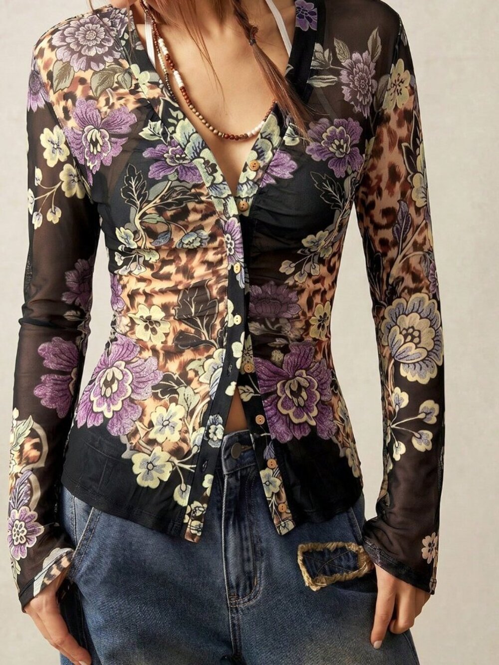 Black Casual Women's Boho Vacation Knit Mesh Printed Top - Picture 7 of 8